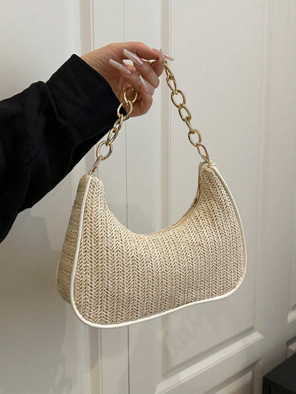 Fashionable Solid-Color Metal Chain Straw Crescent Moon Tote Bag, Women's Multi-Purpose Handbag, Clutch, Beach Bag, Casual Straw Handbag, Phone Pouch
