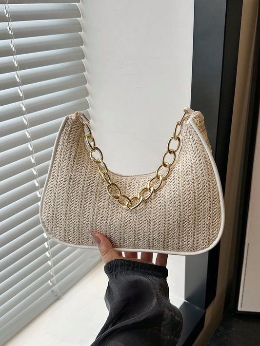 Fashionable Solid-Color Metal Chain Straw Crescent Moon Tote Bag, Women's Multi-Purpose Handbag, Clutch, Beach Bag, Casual Straw Handbag, Phone Pouch