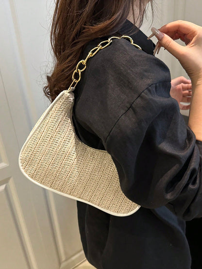 Fashionable Solid-Color Metal Chain Straw Crescent Moon Tote Bag, Women's Multi-Purpose Handbag, Clutch, Beach Bag, Casual Straw Handbag, Phone Pouch