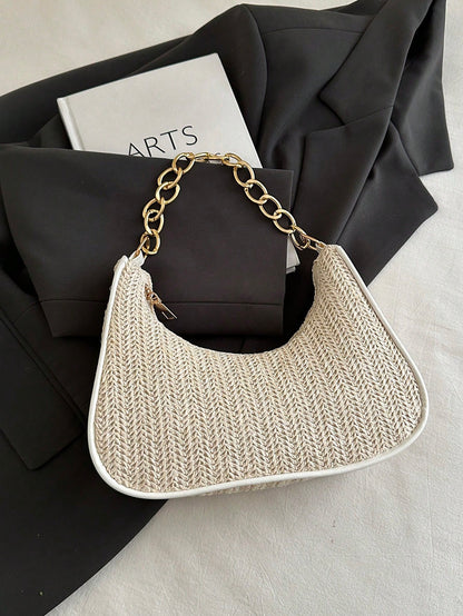 Fashionable Solid-Color Metal Chain Straw Crescent Moon Tote Bag, Women's Multi-Purpose Handbag, Clutch, Beach Bag, Casual Straw Handbag, Phone Pouch