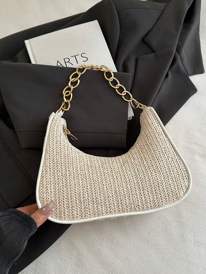 Fashionable Solid-Color Metal Chain Straw Crescent Moon Tote Bag, Women's Multi-Purpose Handbag, Clutch, Beach Bag, Casual Straw Handbag, Phone Pouch