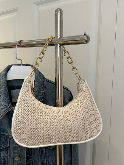 Fashionable Solid-Color Metal Chain Straw Crescent Moon Tote Bag, Women's Multi-Purpose Handbag, Clutch, Beach Bag, Casual Straw Handbag, Phone Pouch