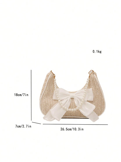 Fashionable Solid-Color Metal Chain Straw Crescent Moon Tote Bag, Women's Multi-Purpose Handbag, Clutch, Beach Bag, Casual Straw Handbag, Phone Pouch