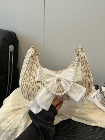 Fashionable Solid-Color Metal Chain Straw Crescent Moon Tote Bag, Women's Multi-Purpose Handbag, Clutch, Beach Bag, Casual Straw Handbag, Phone Pouch