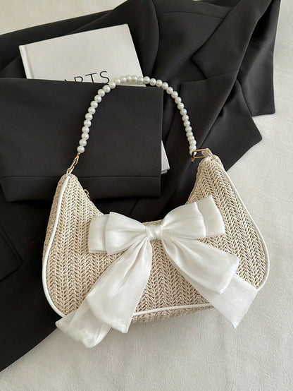 Fashionable Solid-Color Metal Chain Straw Crescent Moon Tote Bag, Women's Multi-Purpose Handbag, Clutch, Beach Bag, Casual Straw Handbag, Phone Pouch