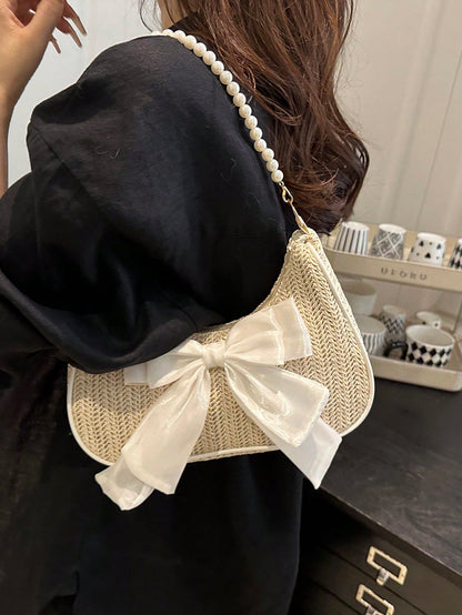 Fashionable Solid-Color Metal Chain Straw Crescent Moon Tote Bag, Women's Multi-Purpose Handbag, Clutch, Beach Bag, Casual Straw Handbag, Phone Pouch