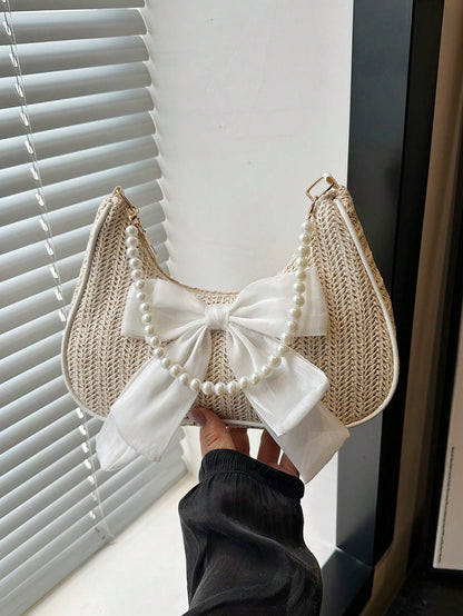 Fashionable Solid-Color Metal Chain Straw Crescent Moon Tote Bag, Women's Multi-Purpose Handbag, Clutch, Beach Bag, Casual Straw Handbag, Phone Pouch