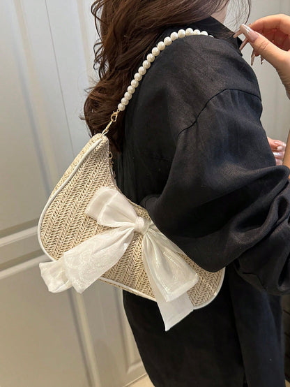 Fashionable Solid-Color Metal Chain Straw Crescent Moon Tote Bag, Women's Multi-Purpose Handbag, Clutch, Beach Bag, Casual Straw Handbag, Phone Pouch