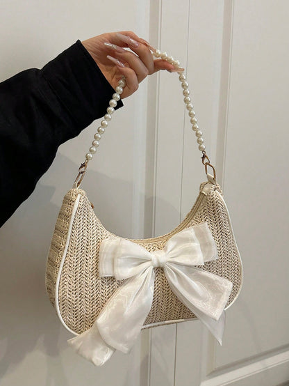 Fashionable Solid-Color Metal Chain Straw Crescent Moon Tote Bag, Women's Multi-Purpose Handbag, Clutch, Beach Bag, Casual Straw Handbag, Phone Pouch