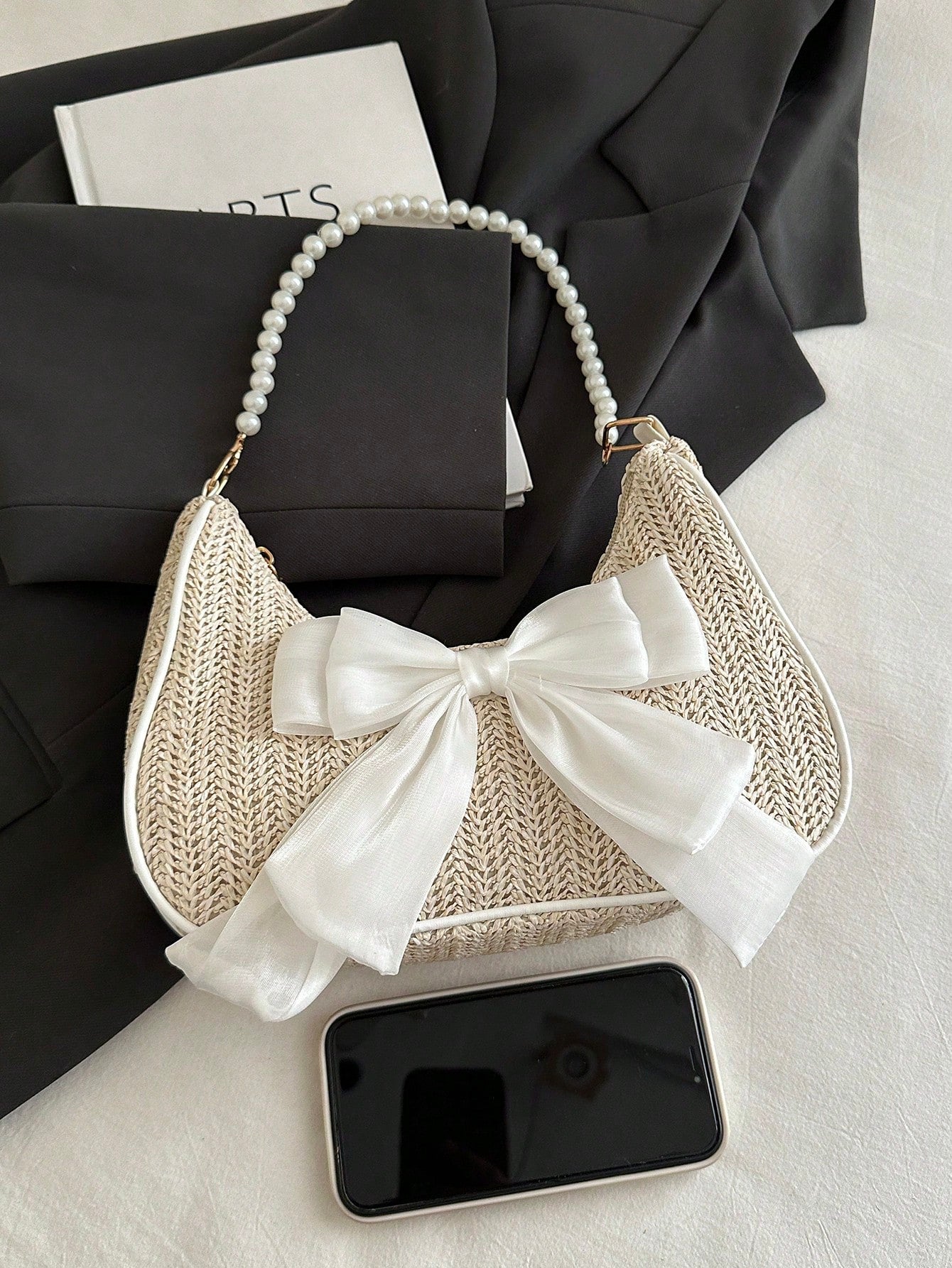 Fashionable Solid-Color Metal Chain Straw Crescent Moon Tote Bag, Women's Multi-Purpose Handbag, Clutch, Beach Bag, Casual Straw Handbag, Phone Pouch