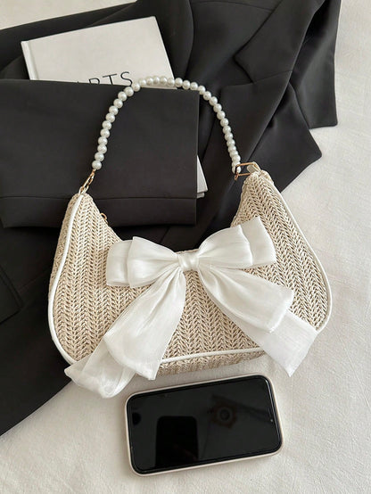 Fashionable Solid-Color Metal Chain Straw Crescent Moon Tote Bag, Women's Multi-Purpose Handbag, Clutch, Beach Bag, Casual Straw Handbag, Phone Pouch