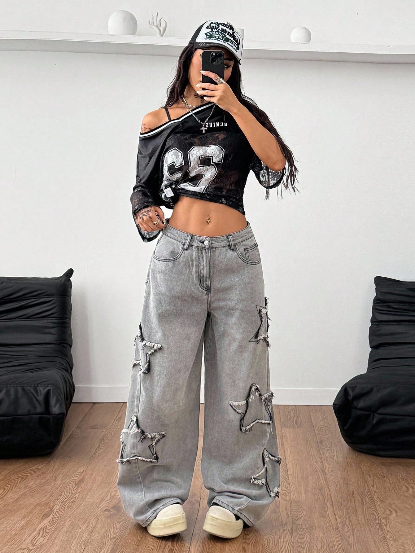 Coolane Women's Rapper Athleisure Grunge Star Pattern Washed Jeans