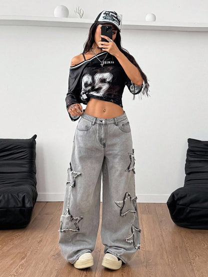 Coolane Women's Rapper Athleisure Grunge Star Pattern Washed Jeans