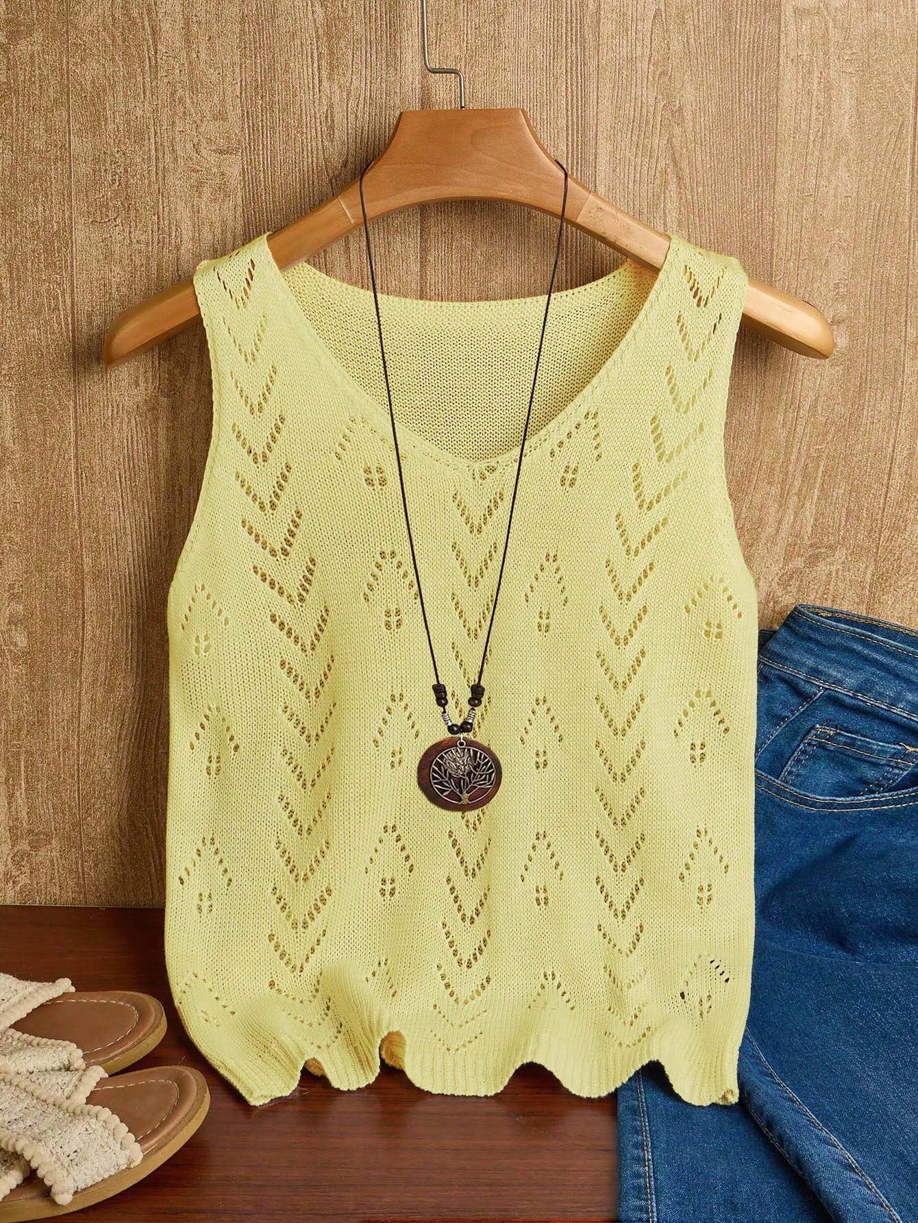 EMERY ROSE Women's Vacation Casual Solid Color Hollow Out Knit Top