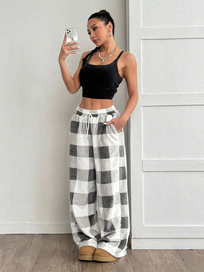 Coolane Women's Fall/Winter Streetwear Going Out Vintage Back To School Casual Front Tie Plaid Pocket Trousers With Fleece