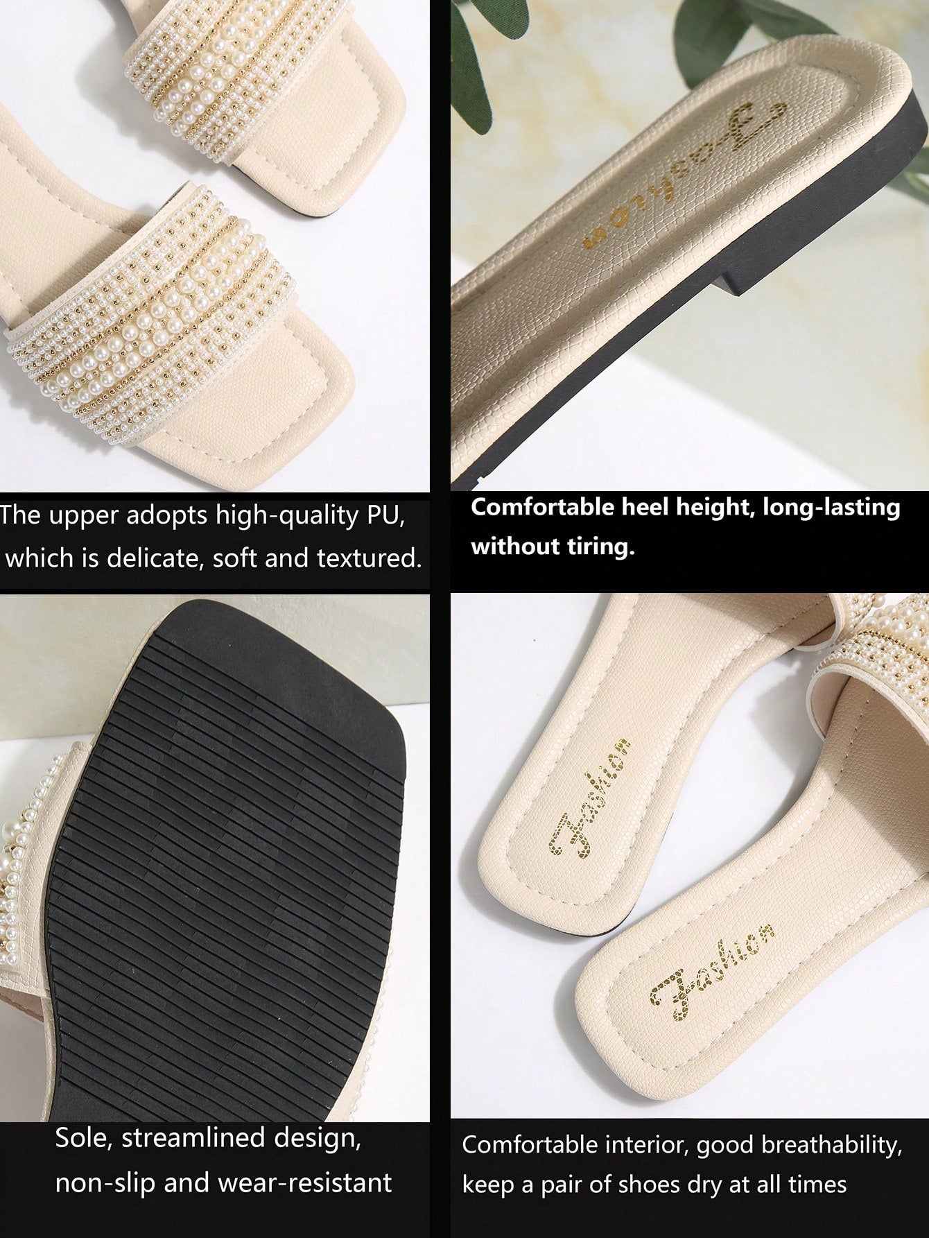 New Plus Size Luxury Anti-Slip Square Toe Mule Rhinestone & Pearl Embellished Fashion Versatile Women Beach Vacation Sandals