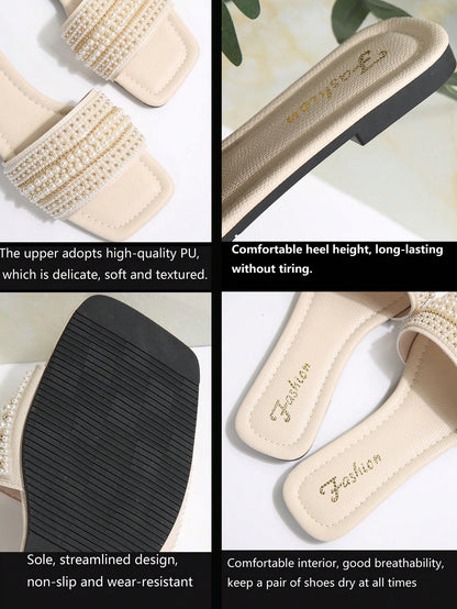 New Plus Size Luxury Anti-Slip Square Toe Mule Rhinestone & Pearl Embellished Fashion Versatile Women Beach Vacation Sandals