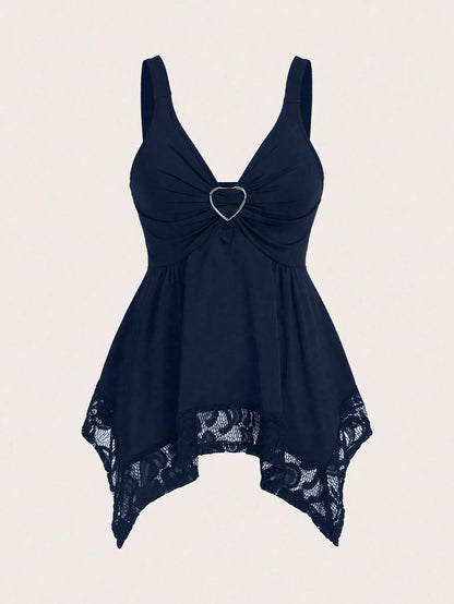 Sweetra Women Lace Decorated Heart Shaped And Floral Splicing Tank Top Y2K Outfit