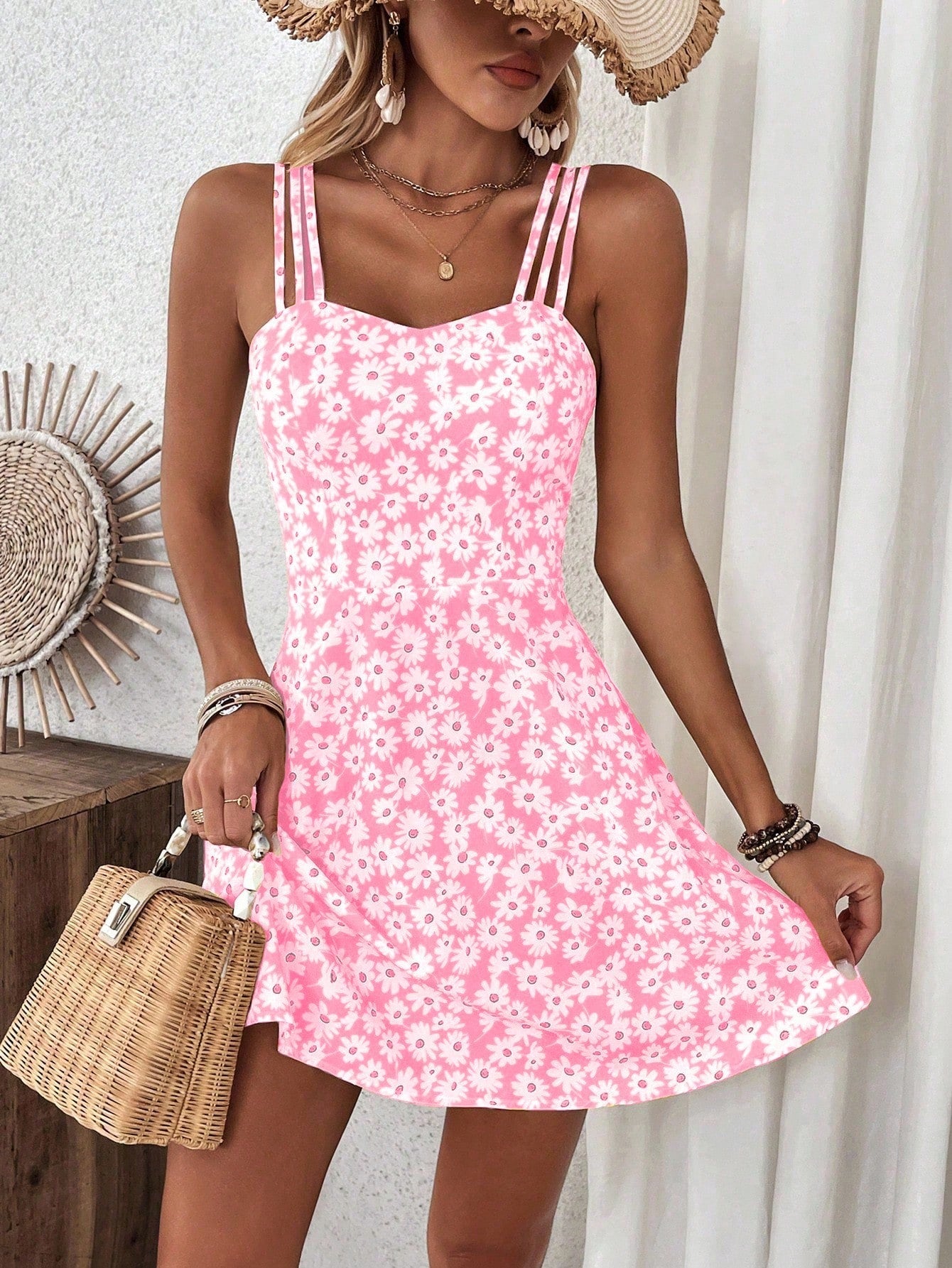 Breezaya Women's Yellow Floral Print Cami Dress Vacation Beach Outfit