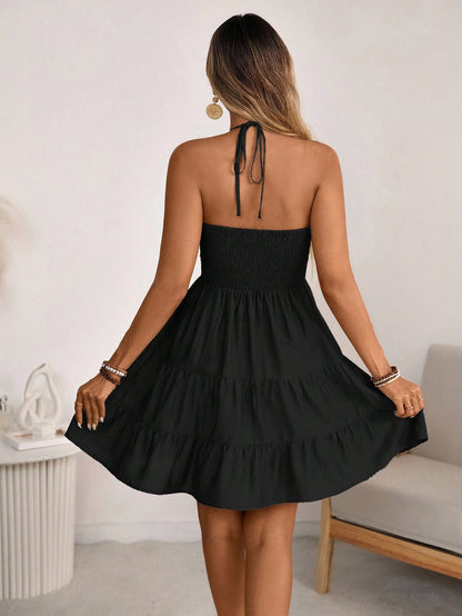 Breezaya Women's Spring/Summer Single Bamboo Knot Linen Vacation Beach Dress, Bohemian Western Shirred Shirred Bust Tiered Skirt A-Line Backless Adjustable Halter Bow Dress