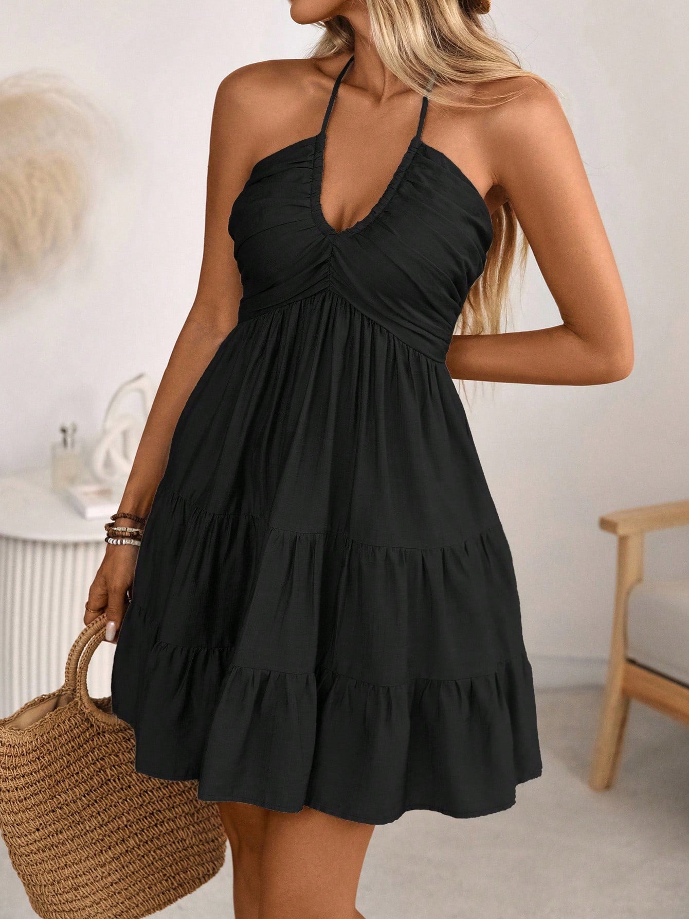 Breezaya Women's Spring/Summer Single Bamboo Knot Linen Vacation Beach Dress, Bohemian Western Shirred Shirred Bust Tiered Skirt A-Line Backless Adjustable Halter Bow Dress