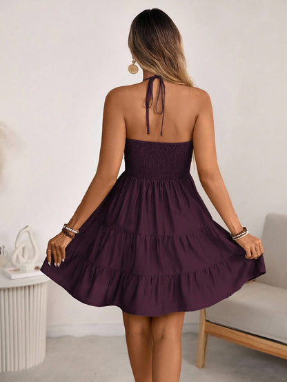 Breezaya Women's Spring/Summer Single Bamboo Knot Linen Vacation Beach Dress, Bohemian Western Shirred Shirred Bust Tiered Skirt A-Line Backless Adjustable Halter Bow Dress