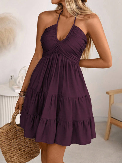 Breezaya Women's Spring/Summer Single Bamboo Knot Linen Vacation Beach Dress, Bohemian Western Shirred Shirred Bust Tiered Skirt A-Line Backless Adjustable Halter Bow Dress