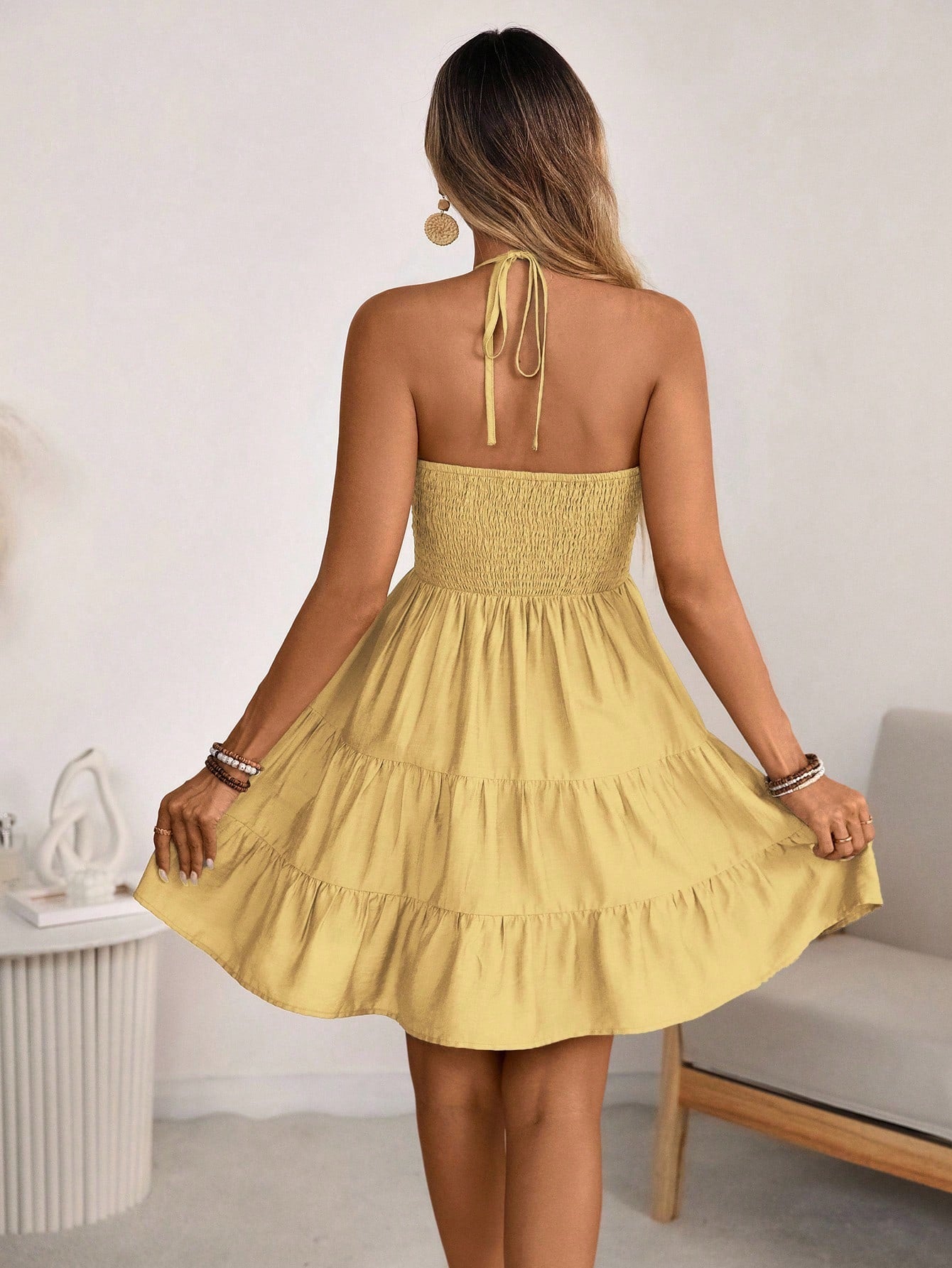 Breezaya Women's Spring/Summer Single Bamboo Knot Linen Vacation Beach Dress, Bohemian Western Shirred Shirred Bust Tiered Skirt A-Line Backless Adjustable Halter Bow Dress