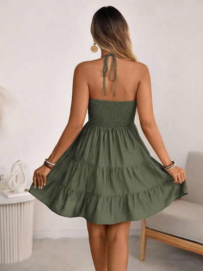 Breezaya Women's Spring/Summer Single Bamboo Knot Linen Vacation Beach Dress, Bohemian Western Shirred Shirred Bust Tiered Skirt A-Line Backless Adjustable Halter Bow Dress