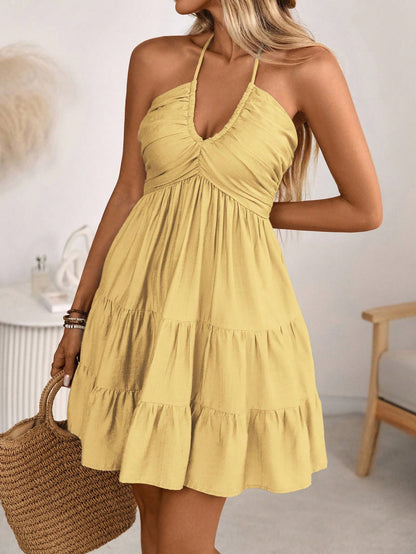 Breezaya Women's Spring/Summer Single Bamboo Knot Linen Vacation Beach Dress, Bohemian Western Shirred Shirred Bust Tiered Skirt A-Line Backless Adjustable Halter Bow Dress