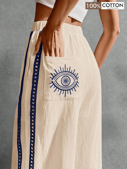 Poéselle Women's Wide Leg Loose Casual Pants With Sun Embroidered Pockets,Vacation Outfits Woman,Beach Vacation,Embroidered Pants,Summer Outfits For Women Vacation Outfits Women Resort Wear