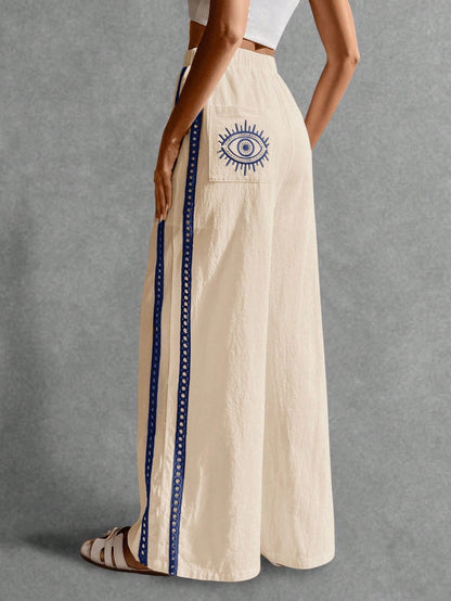 Poéselle Women's Wide Leg Loose Casual Pants With Sun Embroidered Pockets,Vacation Outfits Woman,Beach Vacation,Embroidered Pants,Summer Outfits For Women Vacation Outfits Women Resort Wear