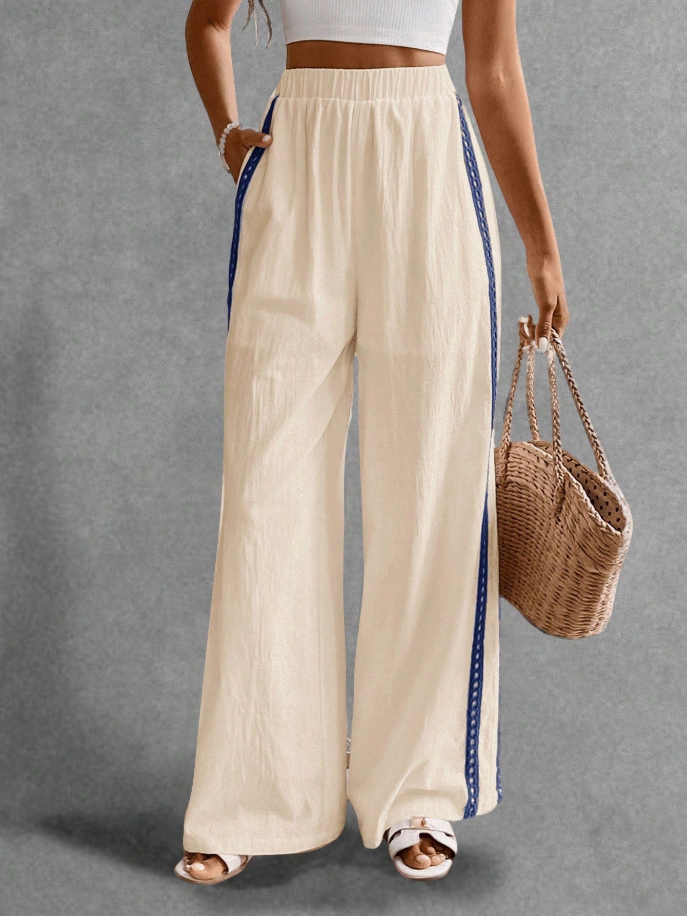 Poéselle Women's Wide Leg Loose Casual Pants With Sun Embroidered Pockets,Vacation Outfits Woman,Beach Vacation,Embroidered Pants,Summer Outfits For Women Vacation Outfits Women Resort Wear