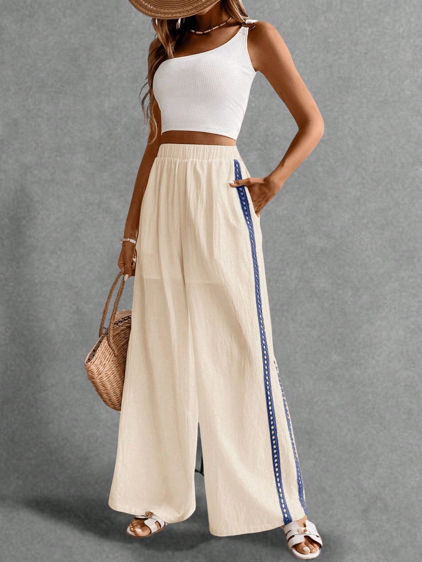 Poéselle Women's Wide Leg Loose Casual Pants With Sun Embroidered Pockets,Vacation Outfits Woman,Beach Vacation,Embroidered Pants,Summer Outfits For Women Vacation Outfits Women Resort Wear