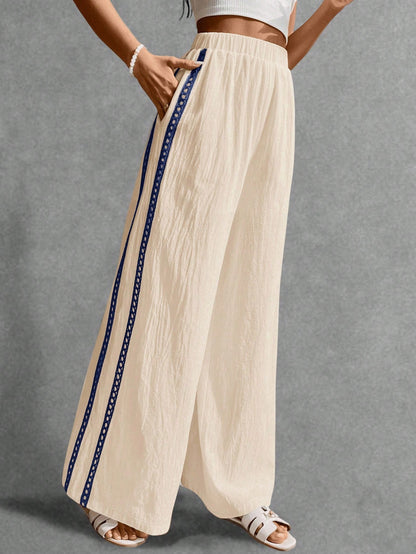 Poéselle Women's Wide Leg Loose Casual Pants With Sun Embroidered Pockets,Vacation Outfits Woman,Beach Vacation,Embroidered Pants,Summer Outfits For Women Vacation Outfits Women Resort Wear