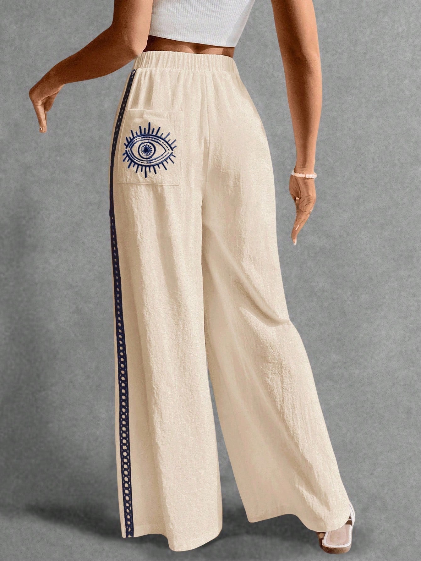 Poéselle Women's Wide Leg Loose Casual Pants With Sun Embroidered Pockets,Vacation Outfits Woman,Beach Vacation,Embroidered Pants,Summer Outfits For Women Vacation Outfits Women Resort Wear