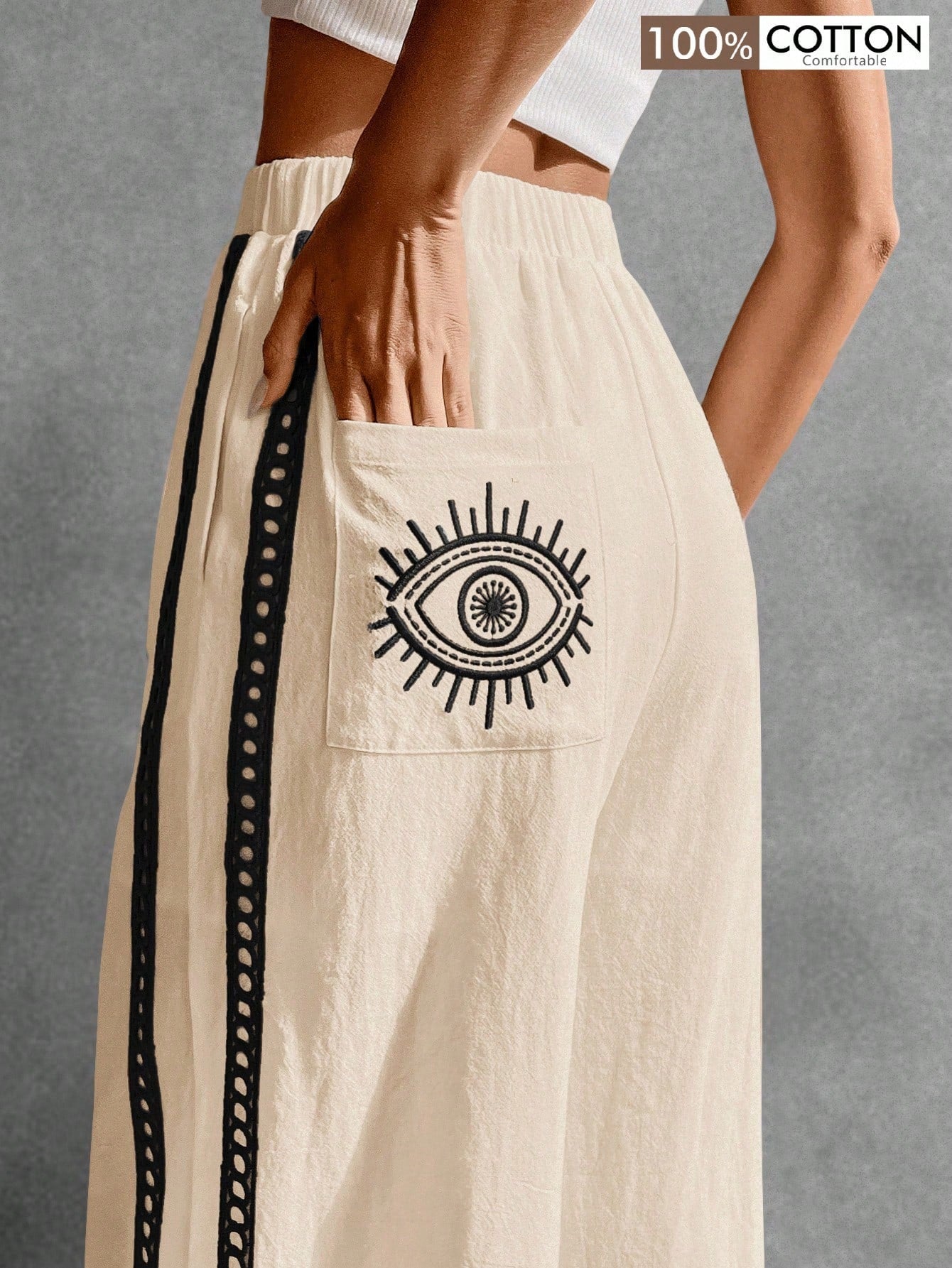 Poéselle Women's Wide Leg Loose Casual Pants With Sun Embroidered Pockets,Vacation Outfits Woman,Beach Vacation,Embroidered Pants,Summer Outfits For Women Vacation Outfits Women Resort Wear