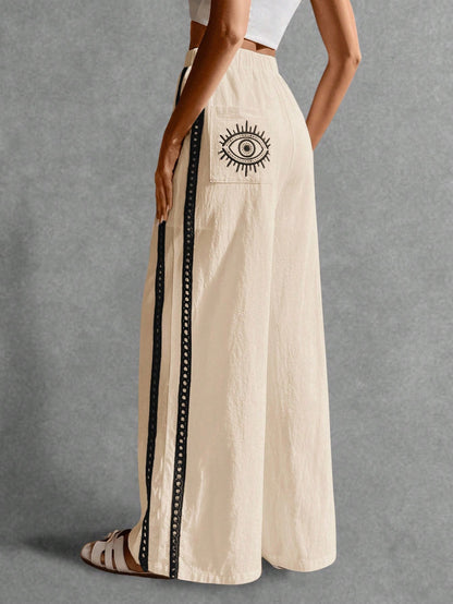 Poéselle Women's Wide Leg Loose Casual Pants With Sun Embroidered Pockets,Vacation Outfits Woman,Beach Vacation,Embroidered Pants,Summer Outfits For Women Vacation Outfits Women Resort Wear