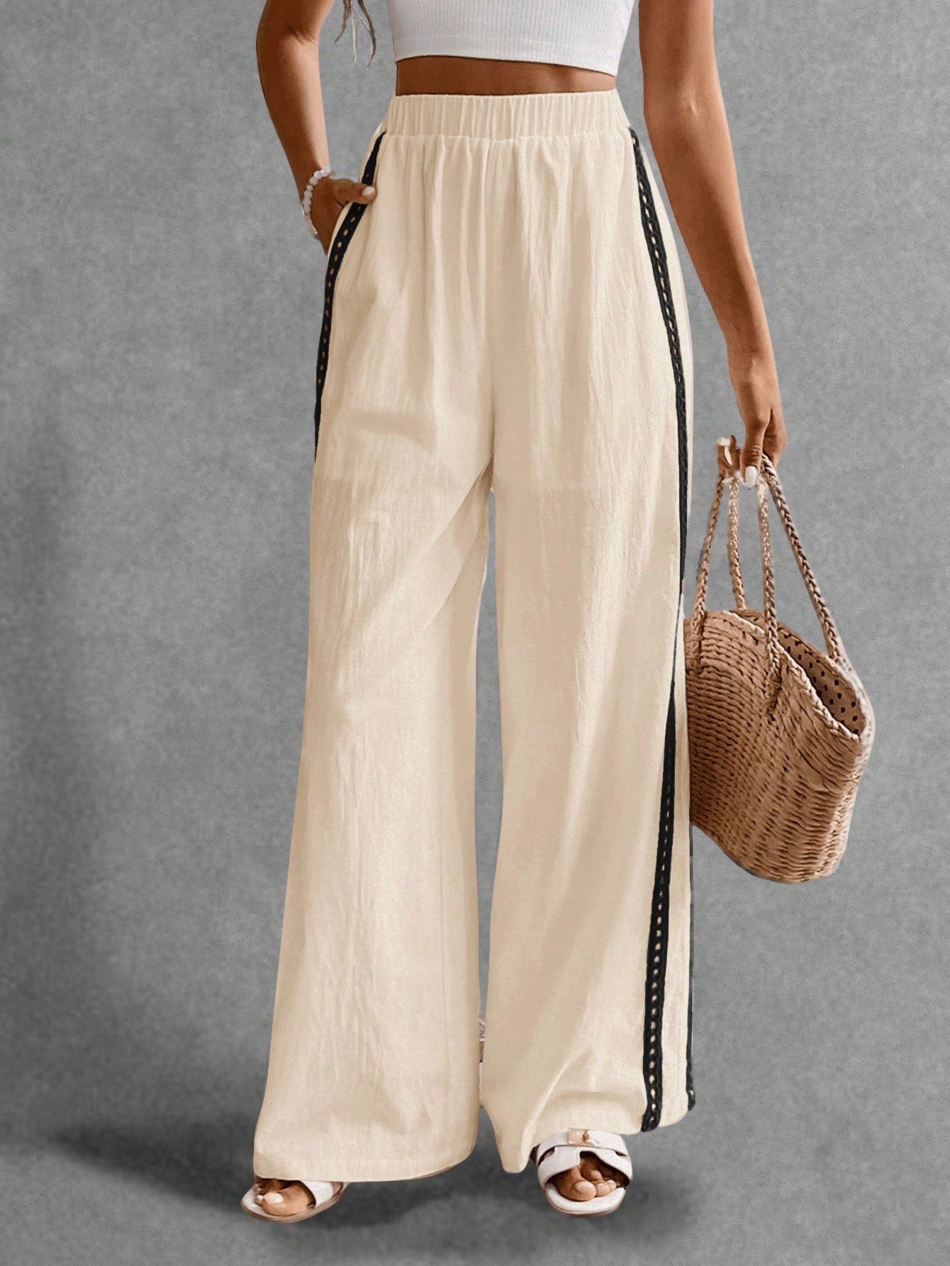 Poéselle Women's Wide Leg Loose Casual Pants With Sun Embroidered Pockets,Vacation Outfits Woman,Beach Vacation,Embroidered Pants,Summer Outfits For Women Vacation Outfits Women Resort Wear