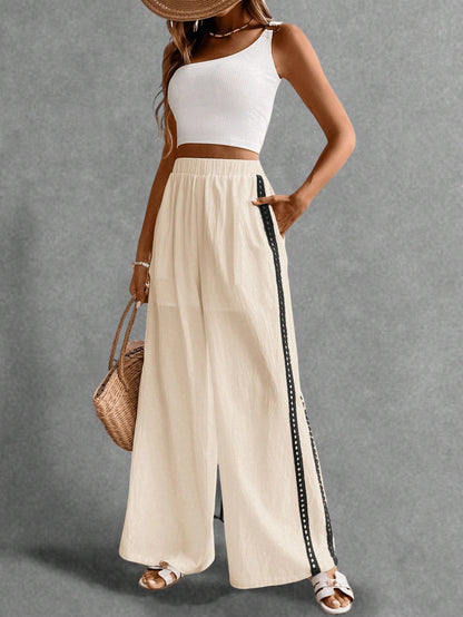 Poéselle Women's Wide Leg Loose Casual Pants With Sun Embroidered Pockets,Vacation Outfits Woman,Beach Vacation,Embroidered Pants,Summer Outfits For Women Vacation Outfits Women Resort Wear