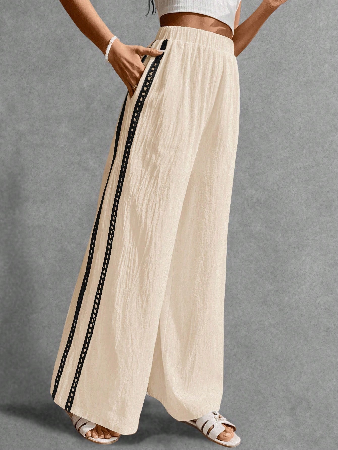 Poéselle Women's Wide Leg Loose Casual Pants With Sun Embroidered Pockets,Vacation Outfits Woman,Beach Vacation,Embroidered Pants,Summer Outfits For Women Vacation Outfits Women Resort Wear