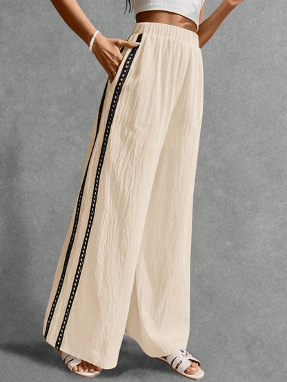 Poéselle Women's Wide Leg Loose Casual Pants With Sun Embroidered Pockets,Vacation Outfits Woman,Beach Vacation,Embroidered Pants,Summer Outfits For Women Vacation Outfits Women Resort Wear