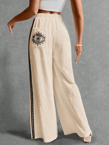Poéselle Women's Wide Leg Loose Casual Pants With Sun Embroidered Pockets,Vacation Outfits Woman,Beach Vacation,Embroidered Pants,Summer Outfits For Women Vacation Outfits Women Resort Wear