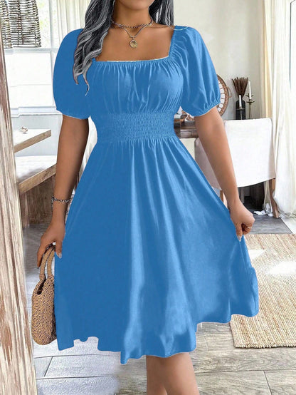 Women Square Collar Puff Sleeve Cinched Waist Palazzo Green Dress, Spring/Summer