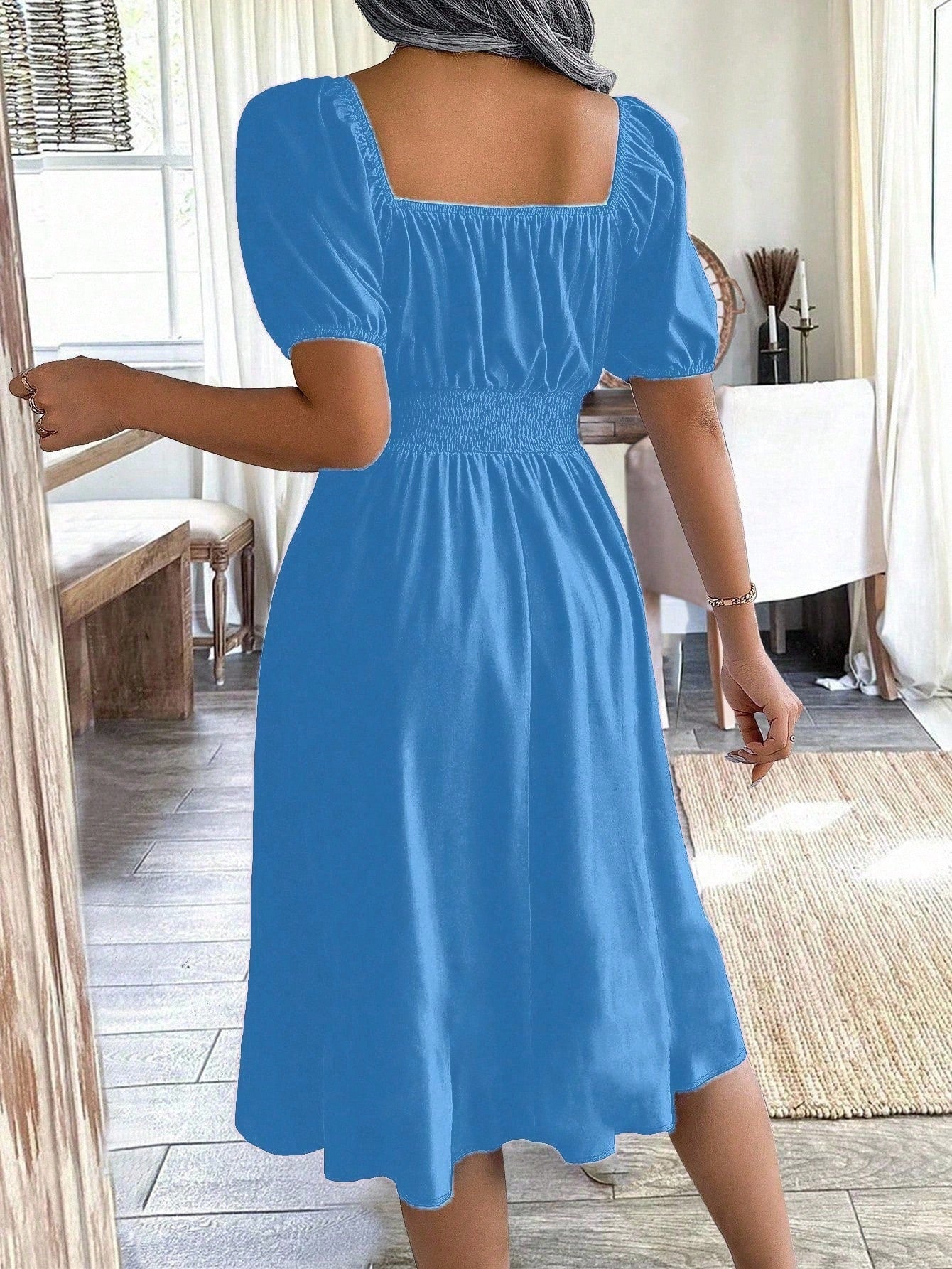 Chiquease 1pc Women Square Collar Puff Sleeve Cinched Waist Palazzo Green Dress, Spring/Summer