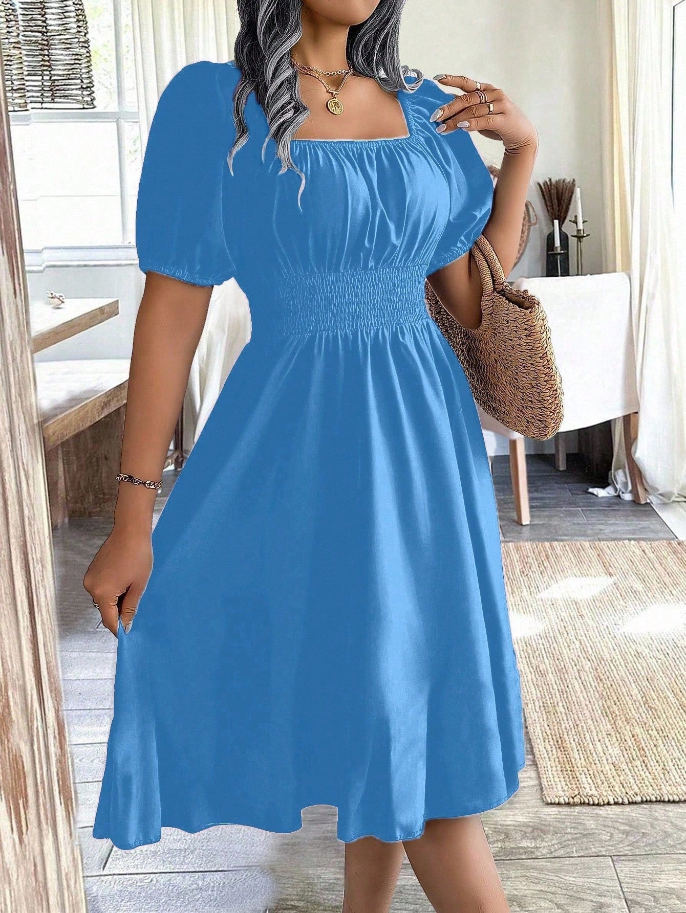 Chiquease 1pc Women Square Collar Puff Sleeve Cinched Waist Palazzo Green Dress, Spring/Summer