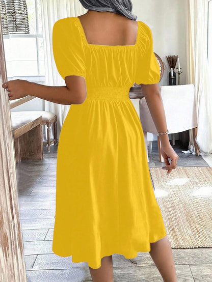 Chiquease 1pc Women Square Collar Puff Sleeve Cinched Waist Palazzo Green Dress, Spring/Summer