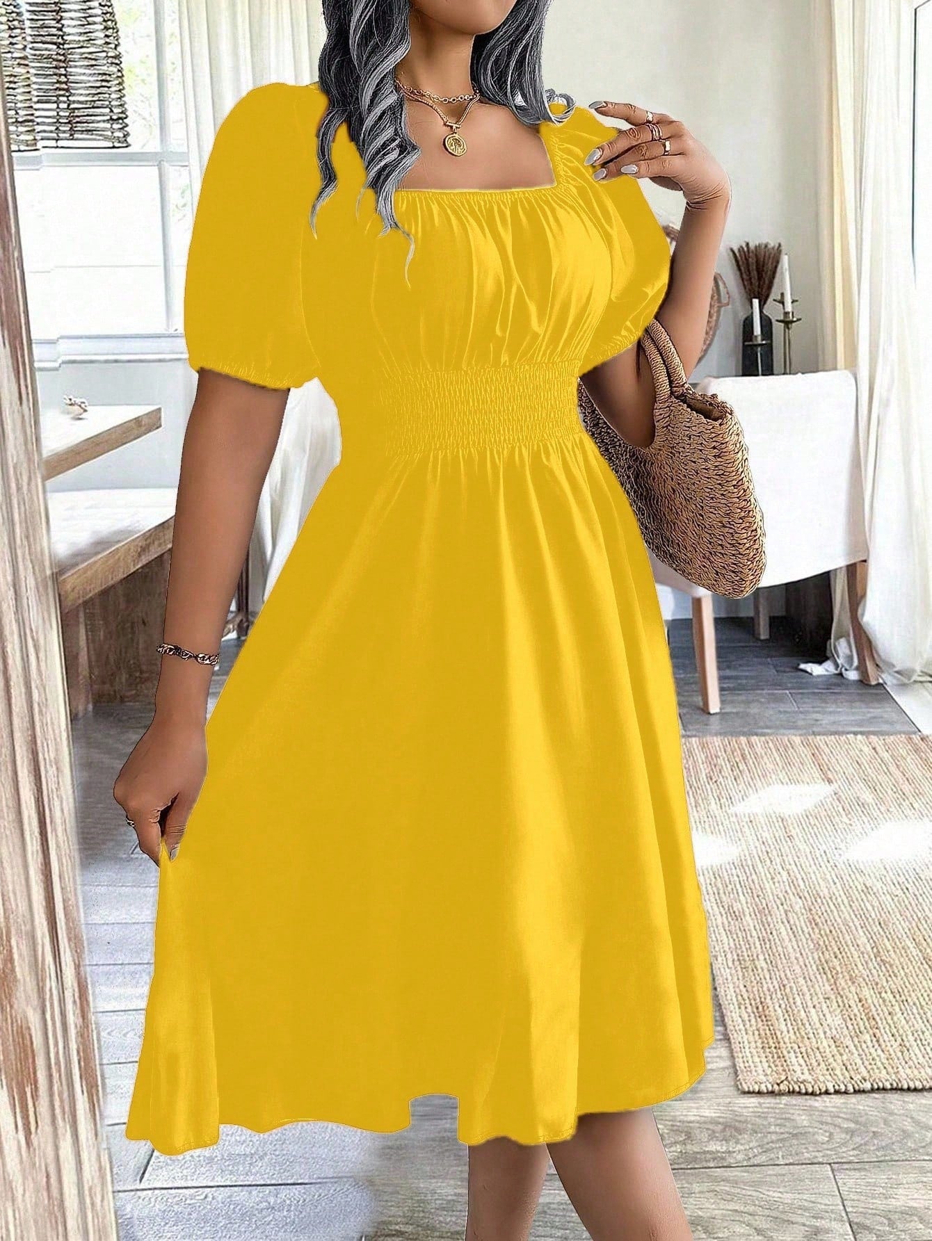 Chiquease 1pc Women Square Collar Puff Sleeve Cinched Waist Palazzo Green Dress, Spring/Summer