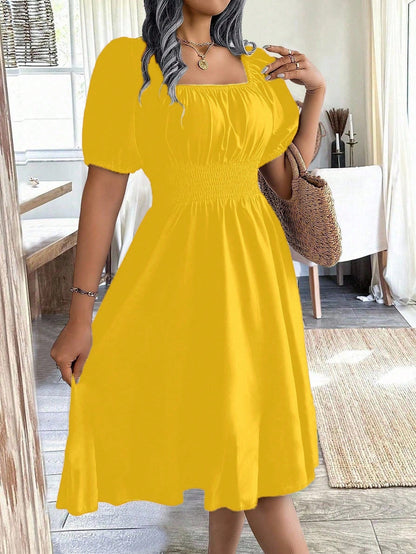 Chiquease 1pc Women Square Collar Puff Sleeve Cinched Waist Palazzo Green Dress, Spring/Summer