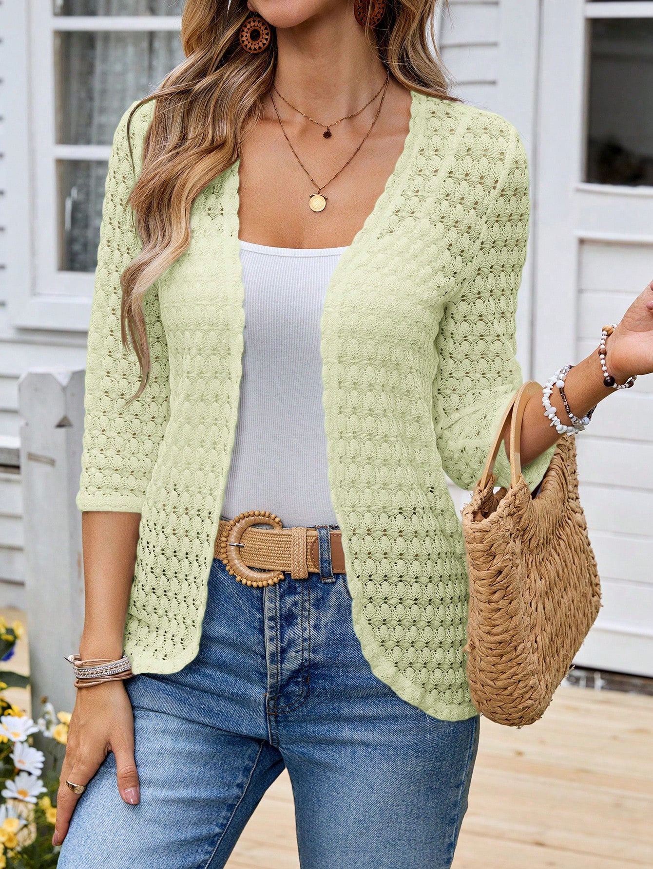 EMERY ROSE Women's Vacation Casual Solid Color Hollow-Out Knit Cardigan